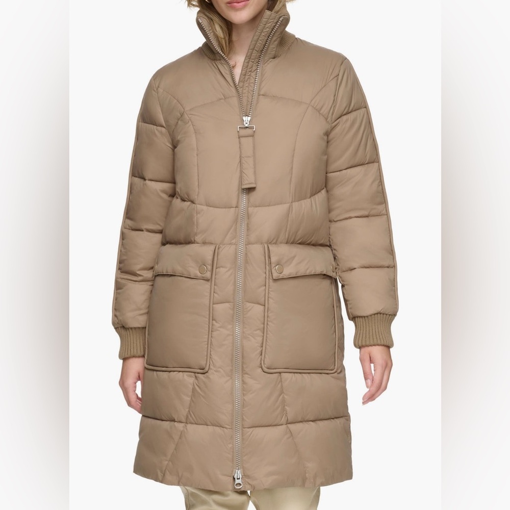 Andrew Marc Ribbed Collar Long Puffer Jacket Women Quilted Coat Pockets M